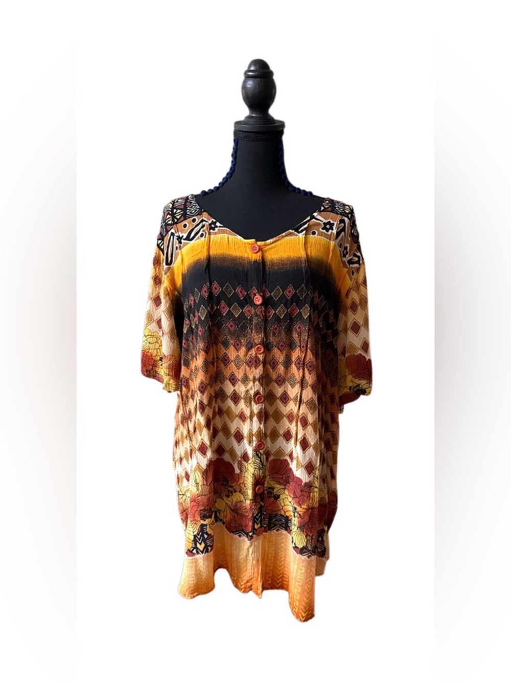 Roaman's Yellow, Black,  Brown and Red Ombre Diamond Button Down BoHo Tunic